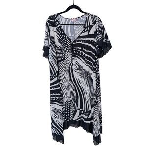 SJS Black and White‎ Abstract Print Handkerchief Hem Dress Size 2X Artsy Boho